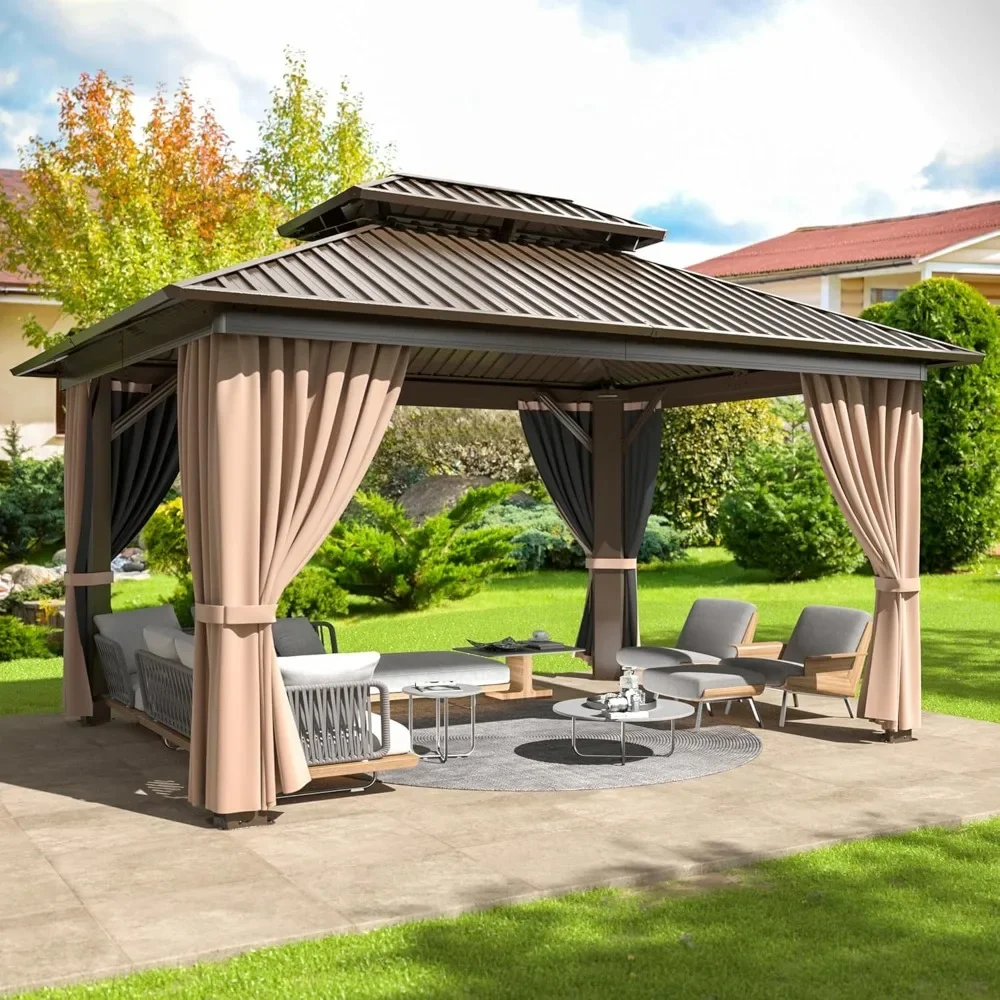 gazebo.10x10 FT أكشاك صلبة بإطار من الألومنيوم، شرفة سقف مزدوجة من الفولاذ المجلفن مع شبكات وستائر