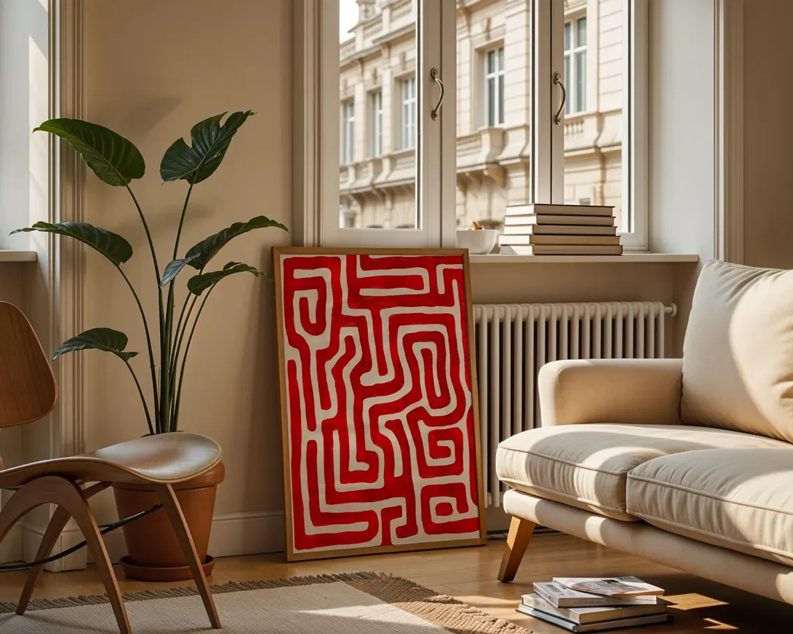 The Cherry Red Maze Large Wall Art | Maximalist Print Living Room Wall Decor | Trendy Poster | Abstract Digital Painting | Digit