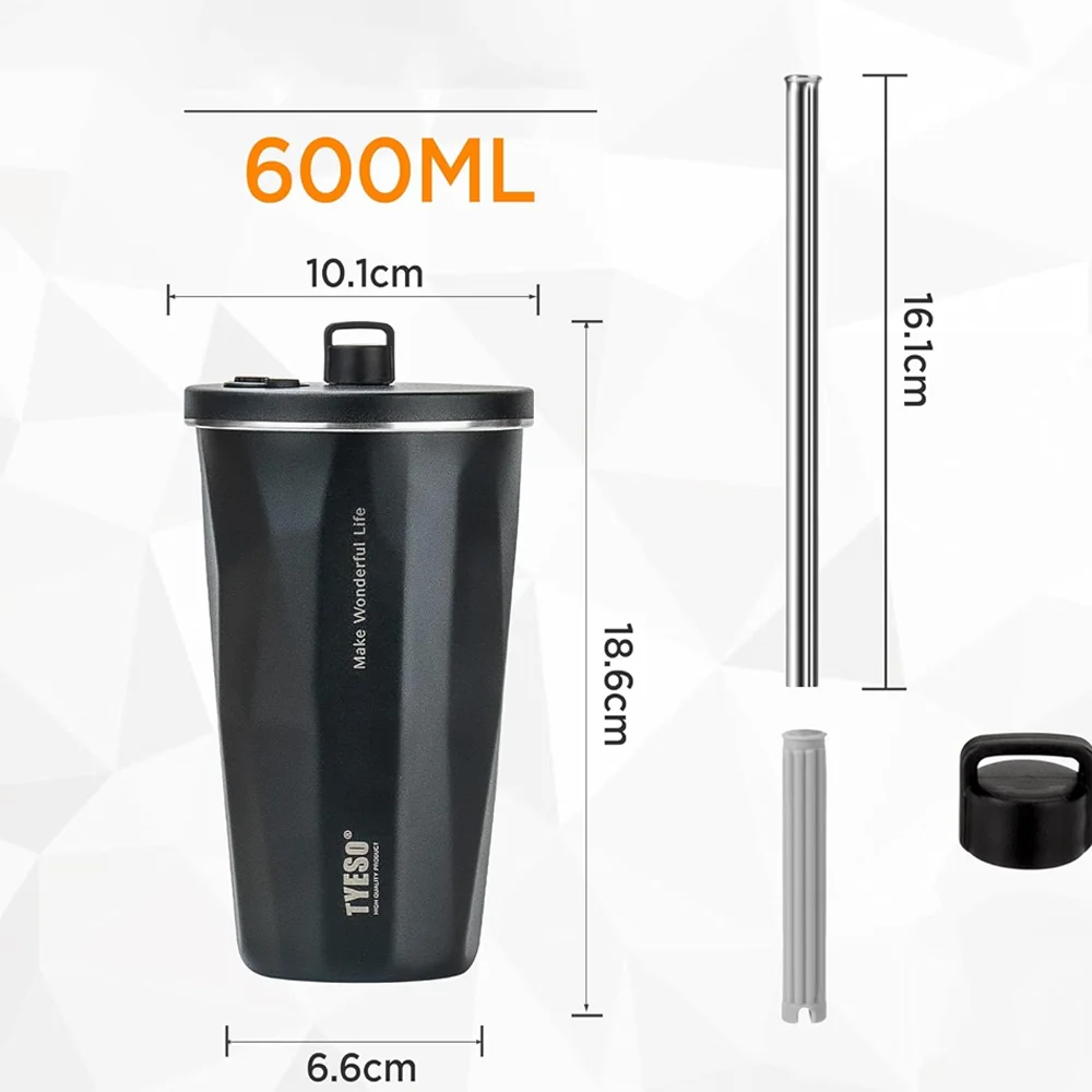 TYESO Vacuum Thermos Cup Tumbler Thermal Insulation Insulated Coffee Mug with Lid and Straw Stainless Steel for Hot Cold Drinks