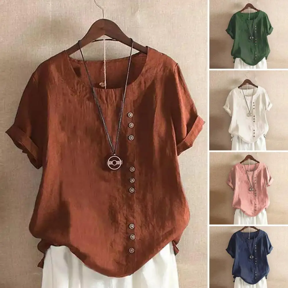 ผู้หญิงผ้าฝ้ายลินินดอกไม้พิมพ์เสื้อแขนสั้นเสื้อฤดูร้อน Lady Retro Vintage หลวมเสื้อ Tops