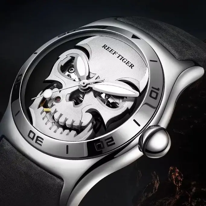 

Reef Tiger Men Automatic Watch 44mm Mechanical Wristwatch Bubble Sapphire Mirror Skull Dial Steel Strap