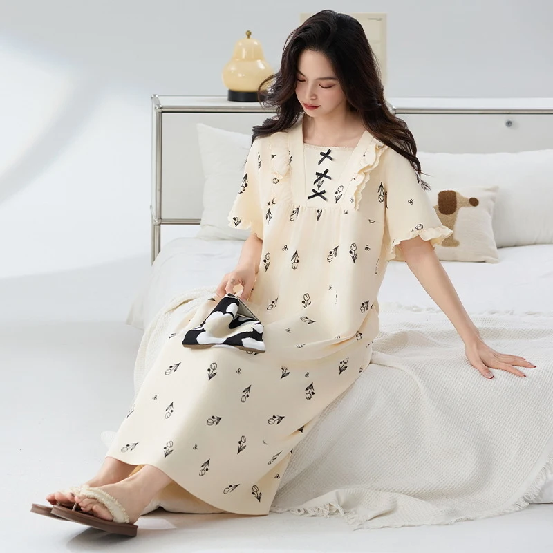 Pure Cotton Nightgown A Summer-Style Short-Sleeved 'S Home Wear For Pregnant Women In Plus Size 200 Pound Fat Mm Pajamas 2