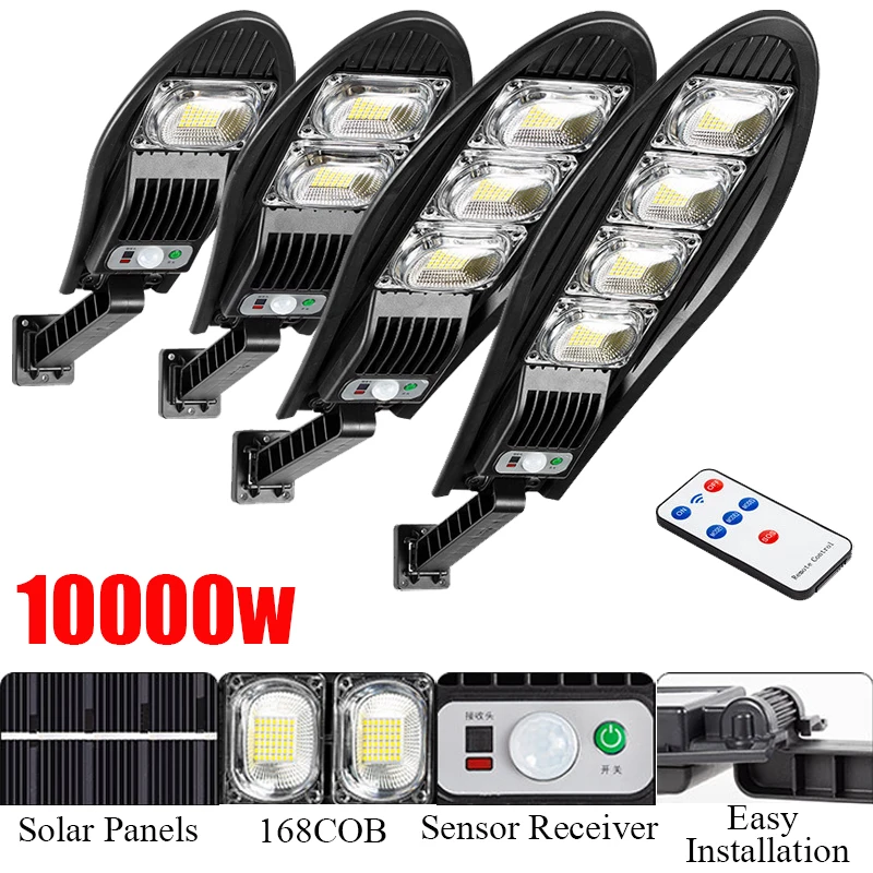 

10000W Upgraded 168LED Solar Street Light Outdoor Waterproof LED for Garden Wall Adjustable Angle Solar Lamp Built-in 10000mAH