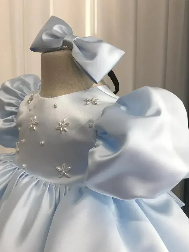 ICJAEHAO 2024 Baby Girls Party Dress Blue Puff Sleeves Plain Ball Gowns Elegant Baptism First Birthday Beading Children Clothes