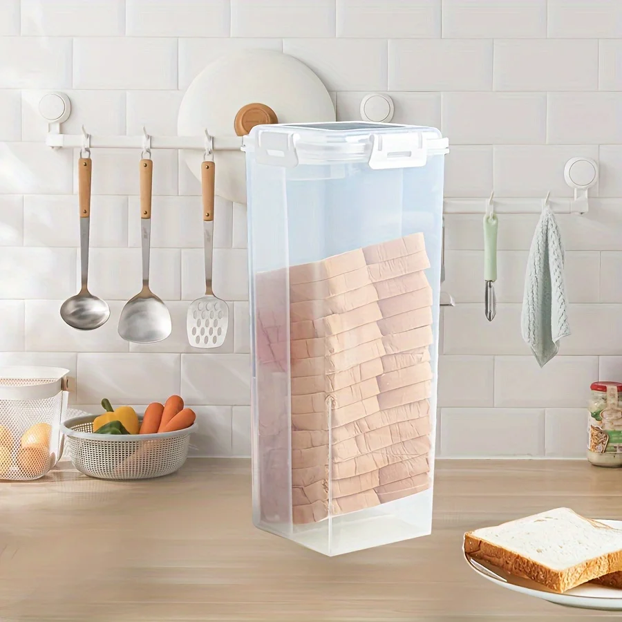 

Transparent Plastic Bread Box with Secure Latch - Durable & Airtight Kitchen for Bread, Pasta, Grains & Rice - Space-Saving Squ