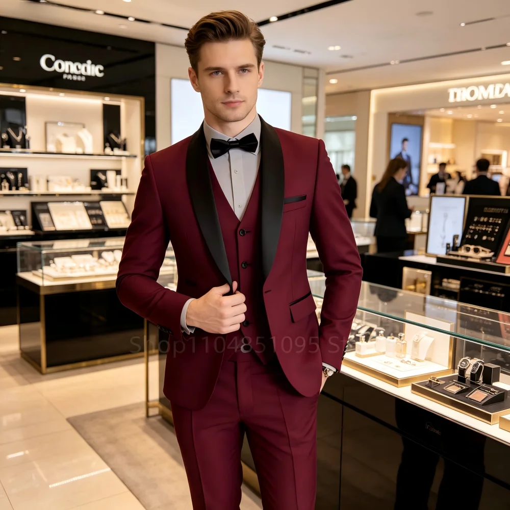 

Elegant Fit 3-Piece Men's Tuxedo Formal Groom Suit with Shawl Lapel Blazer Vest Pants for Wedding Business Prom Male Clothing