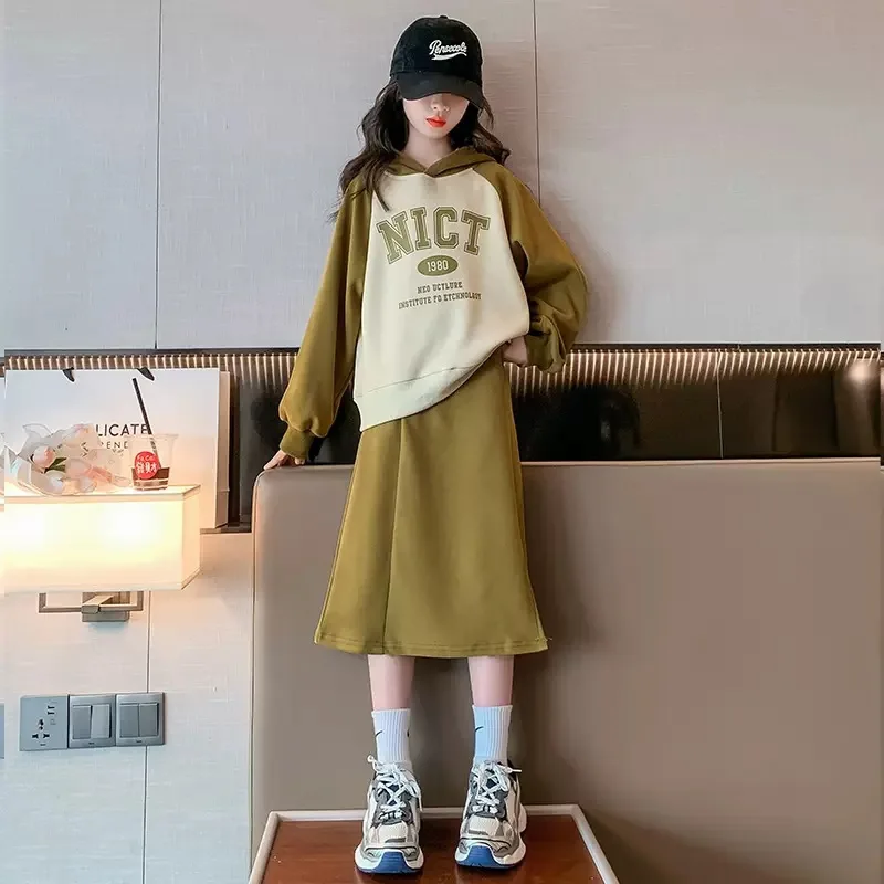 Girls Suits Matching Color Letters Hooded Top Solid Color Skirt Set Spring and Autumn Fashion Women Big Children Clothes