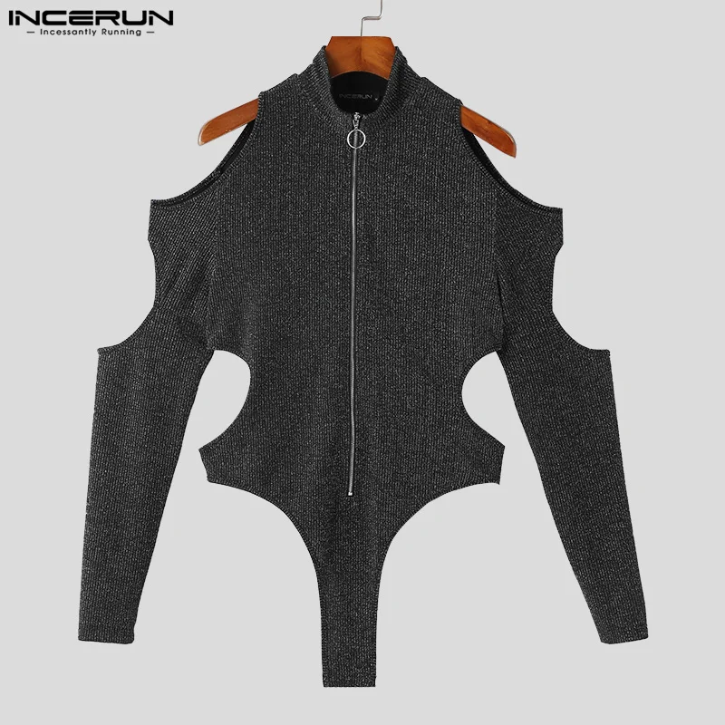 2023 Men Bodysuits Solid Shiny Turtleneck Zipper Long Sleeve Hollow Out Sexy Male Rompers Streetwear Fitness Bodysuit INCERUN