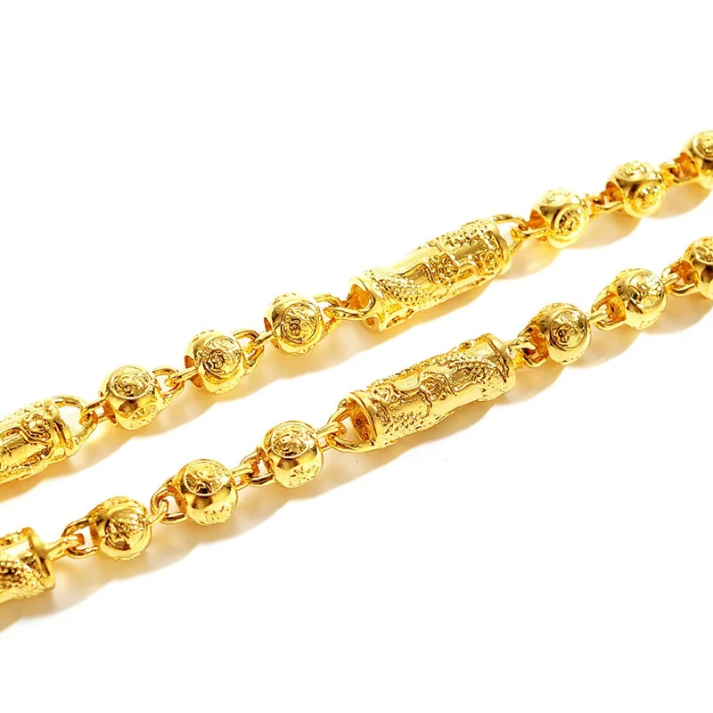 AU999 Gold Necklace Mens Chinese Style Dragon Bone Chain 24K Pure Gold Buddha Beads Cylindrical Temperament Domineering Necklace