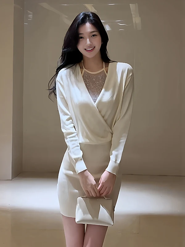 

Шикарное трикотажное платье с пайетками и V-образным вырезом, женское, весенняя новинка, повседневное, с завышенной талией, средней длины, на резинке