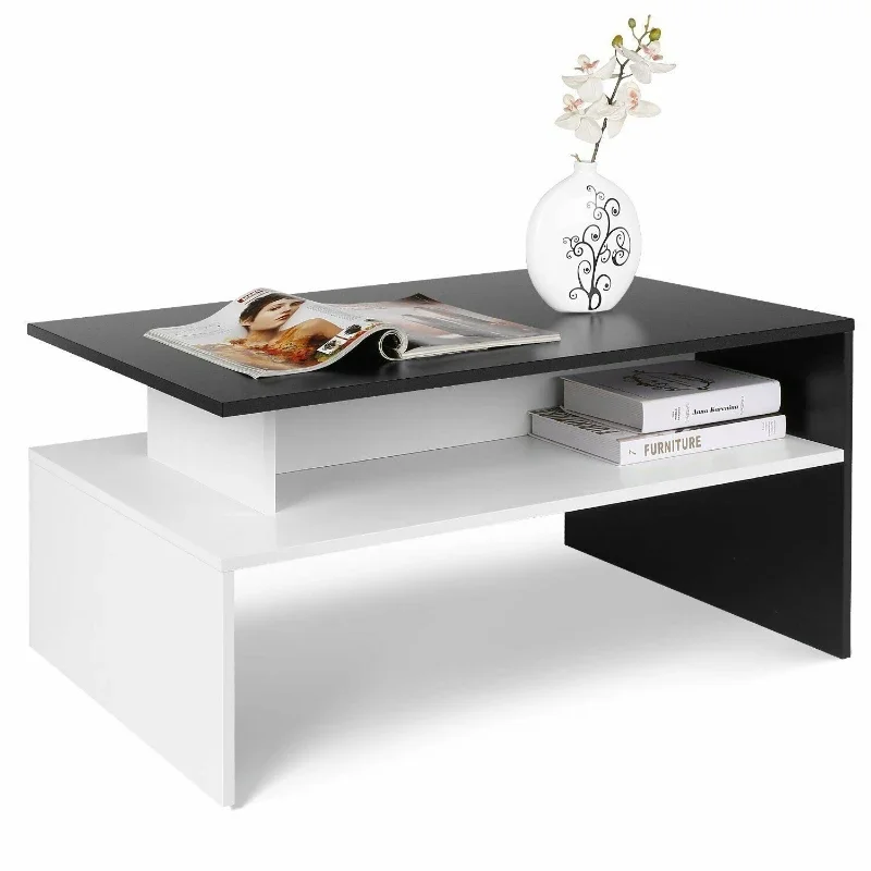 2 Tier Coffee Table End/Side Table Modern Design w/Open Shelf Living Room Black/White, Oak/White