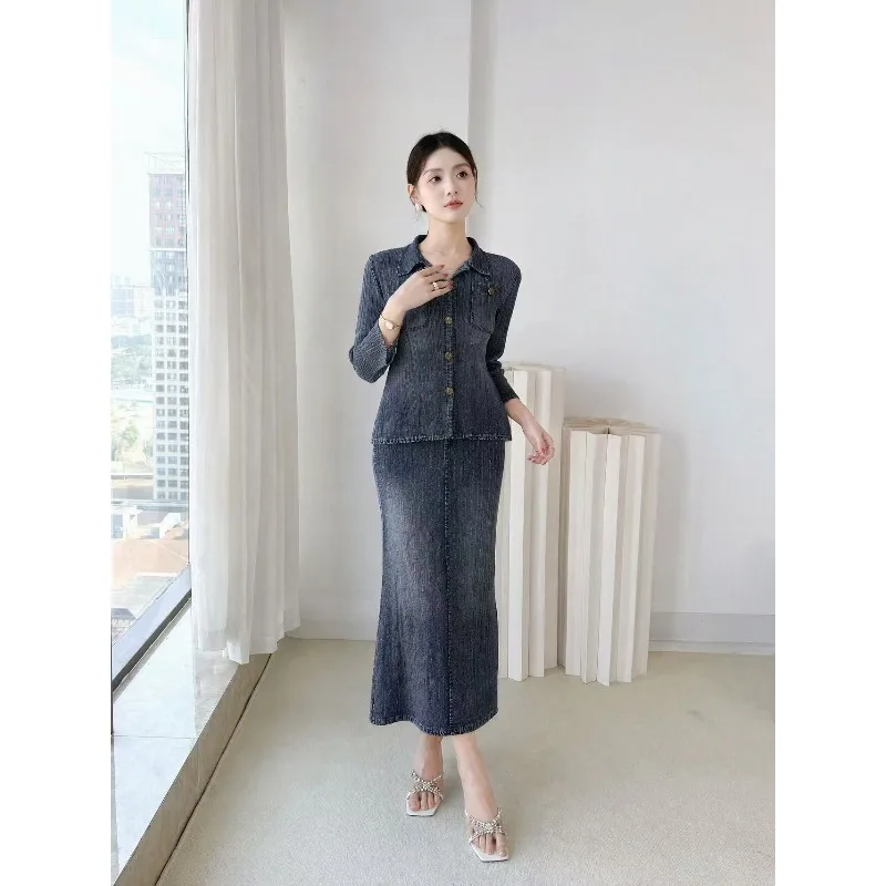 Miyake Pleated Denim Skirt Set plisse 2026 Autumn New Miyake Pleats Denim Gradient Print Shirt and Skirt Casual fold Set Women