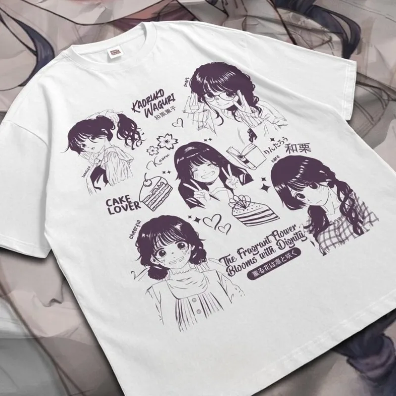 T-shirt surdimensionné en coton à manches courtes avec imprimé anime Harajuku, motif fleur parfumée qui éclose avec dignité, Kaoruko Waguri Sketch