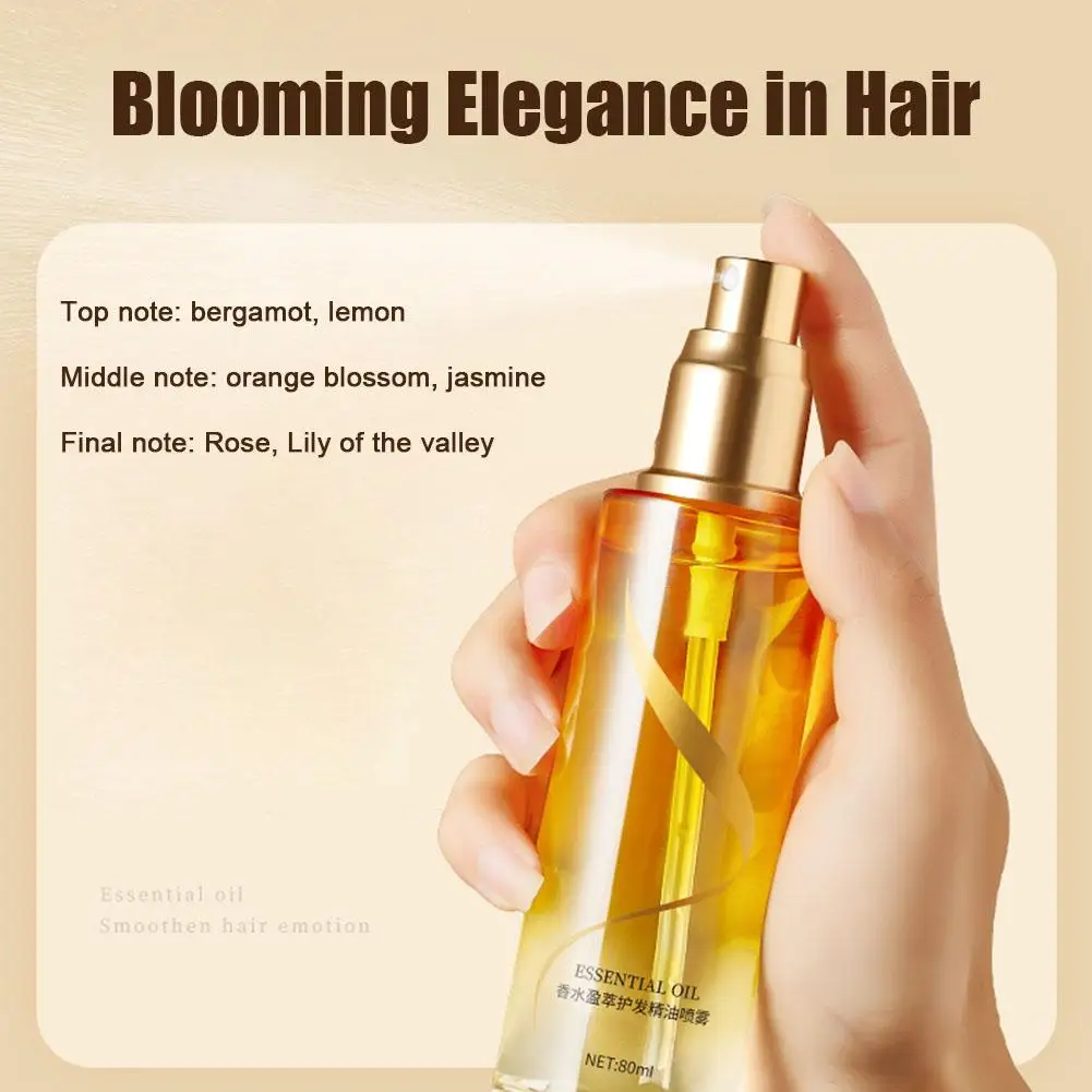 Fragrance Hair Care Essential Oil Spray 80ml Aromatherapy Hair Perfume for Frizz Control Adds Hair Shine and Smooths Split Ends