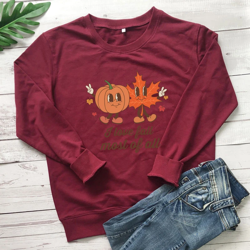 Colored I Love Fall Most of All Sweatshirt Vintage Women Long Sleeve Jumper Autumn Pumpkin Leaf Pullovers