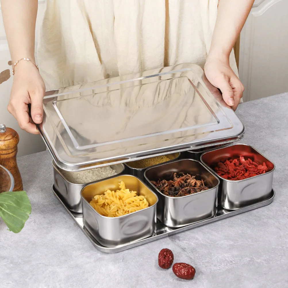 

1Set Six Grids Seasoning Boxes Stainless Steel Independent Spice Containers Kitchen Storage for Salt Sugar Curry Pepper