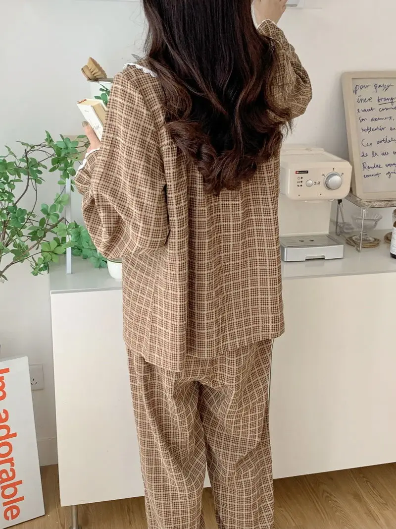 Autumn Plaid Pajama Sets Women Ulzzang Baggy Vintage Casual Home Sweet Peter Pan Collar Sleepwear Fashion Lounge Girls Dormitory