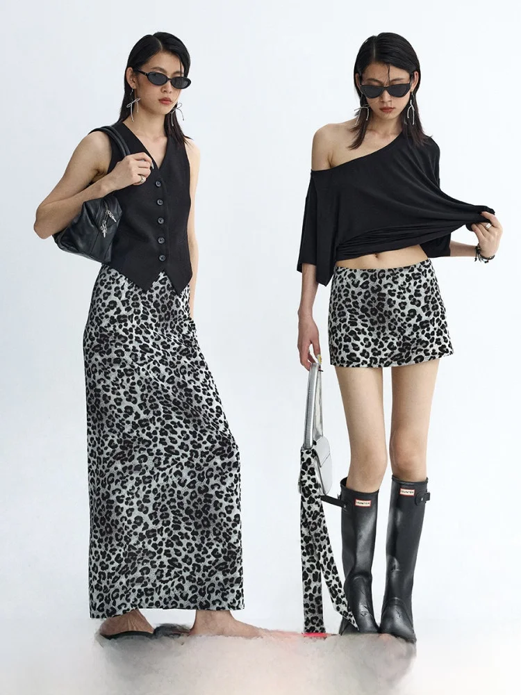 

Ourhour Leopard Print Low Waist Hip Bone ort Skirt Mid-Calf Women's Design Summer Faion Polyester Fiber 00%