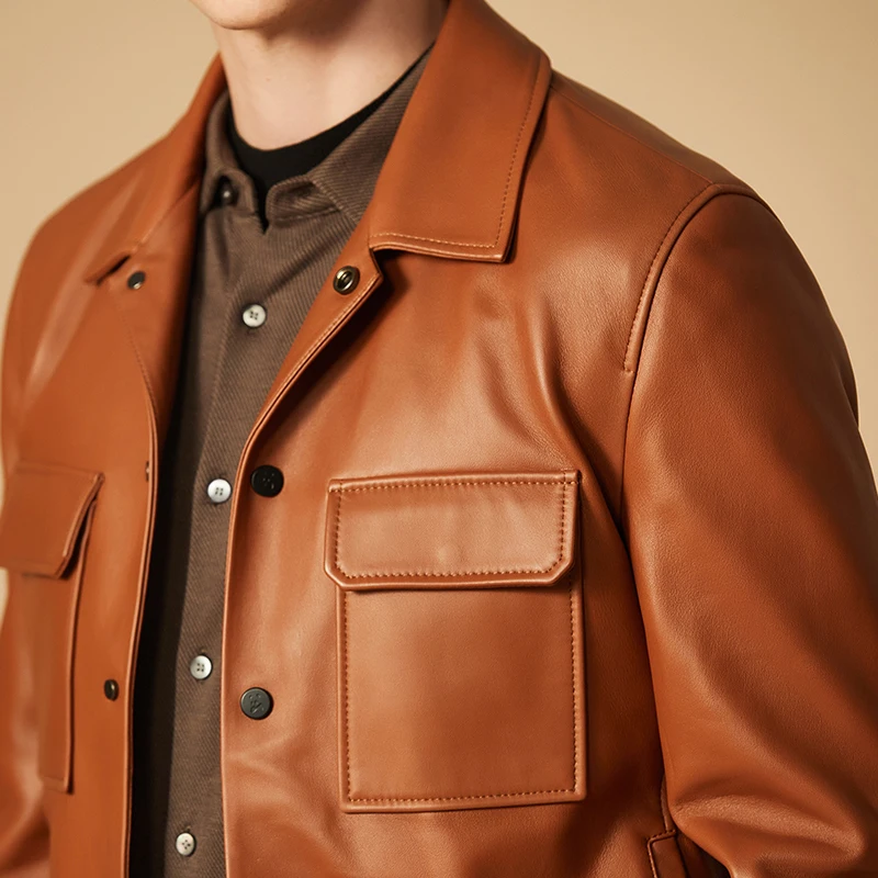 Brown Classic Sheepskin Men\'s Jacket 2024 Spring and Autumn New Product British Fashion Short Leather Custom Coat for men