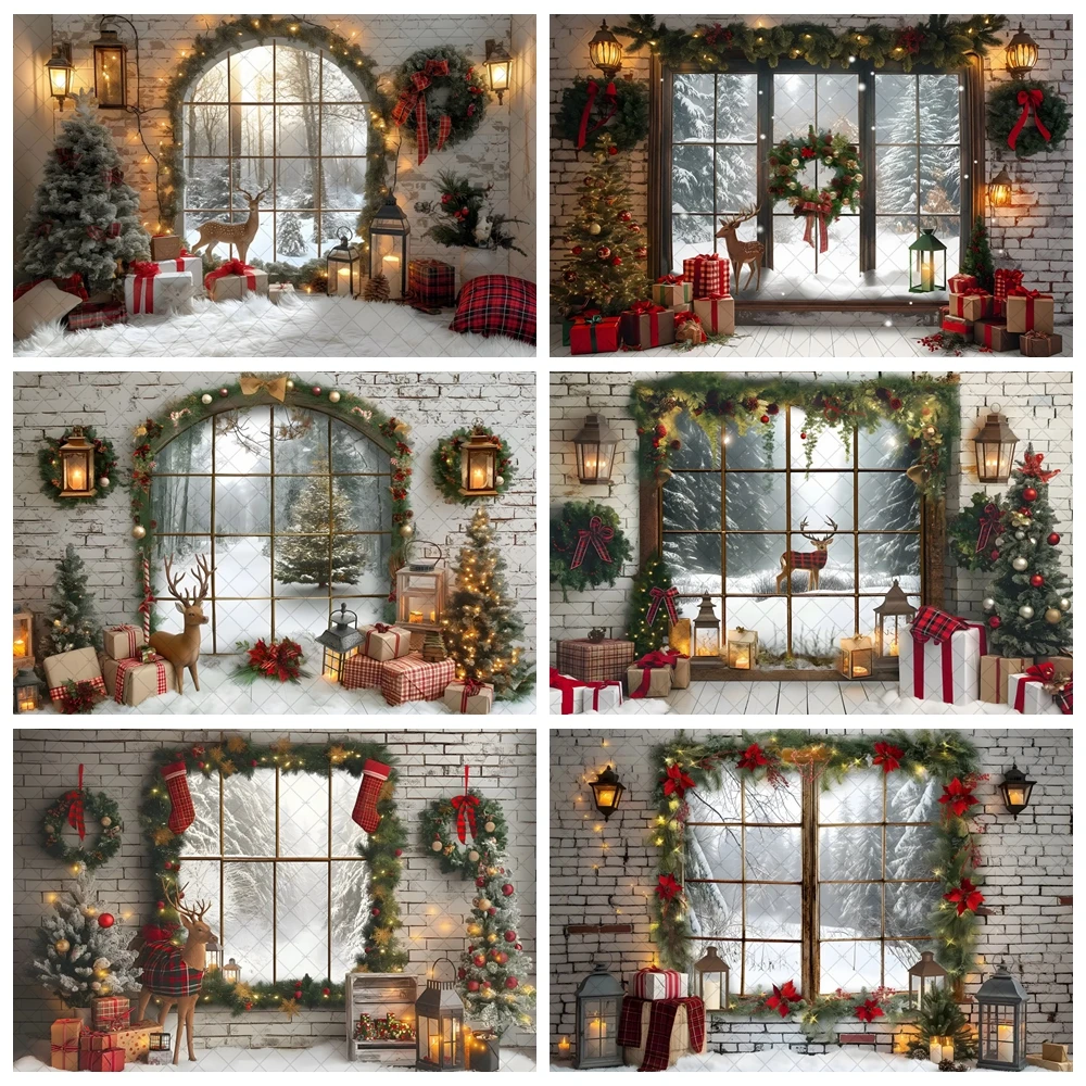 

Winter Christmas Photography Backdrop Xmas Tree Wreath Elk Brick Wall Window Snow Scene Family Portrait Photo Background Props