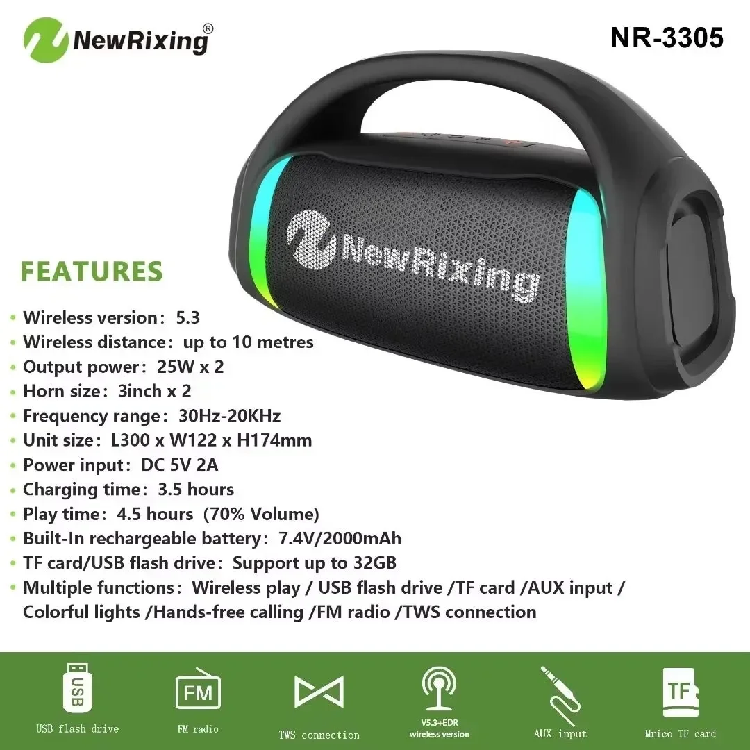 NR-3305 Portable Speaker 50W Ultra Bass Party Speaker TWS Stereo Subwoofer Sound System with FM USB TF Card Playback for Outdoor