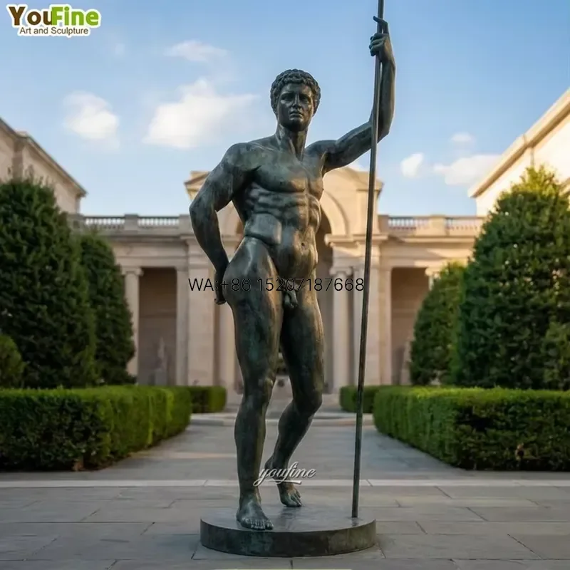 Wmwmnu for YouFine Hand Carved Bronze Classical Athlete Sculpture Life Size Nude Male Figure Statue with Spear for Hotel