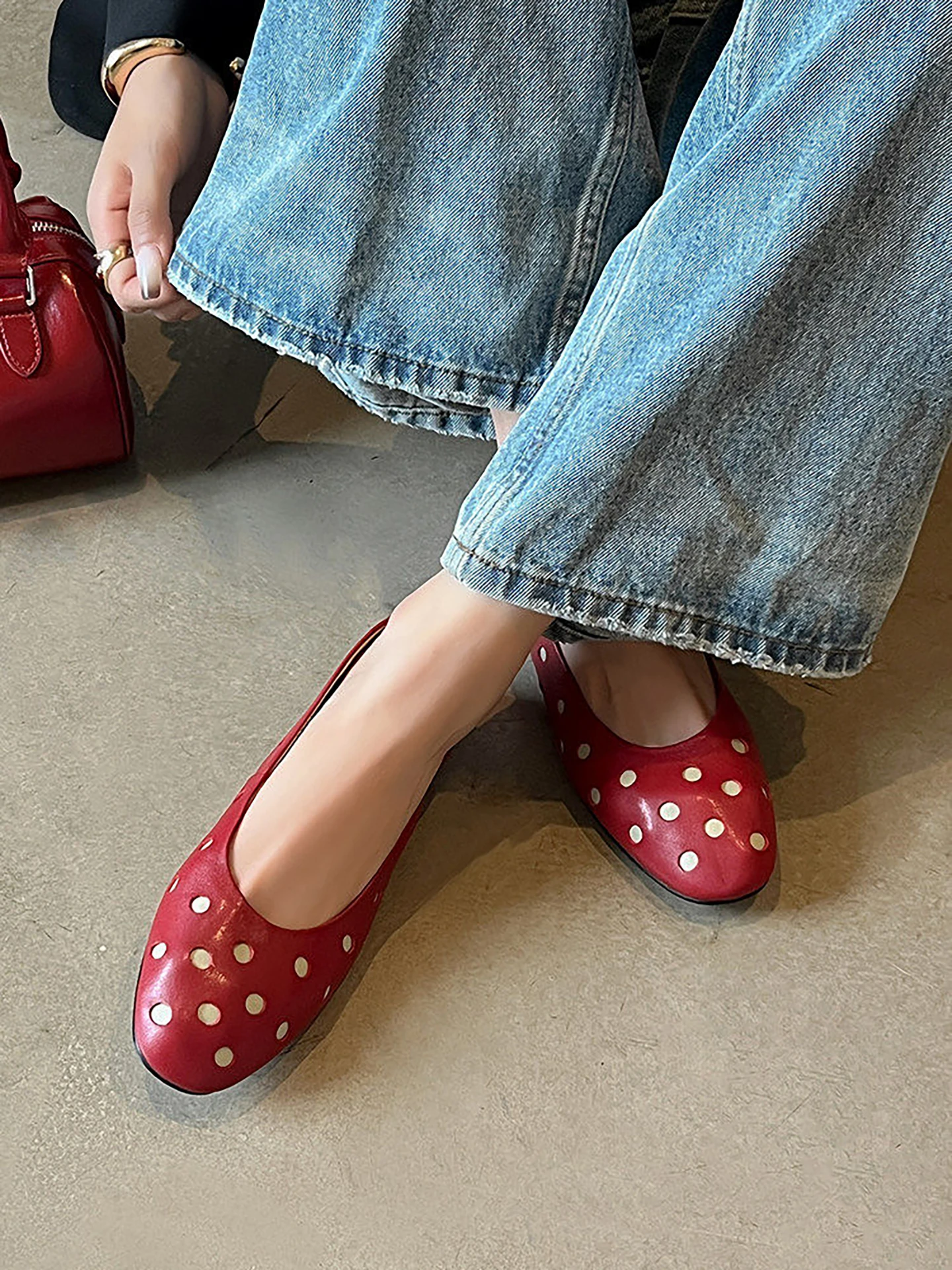 retro-korean-style-polka-dot-round-toe-flat-mouth-ballet-flats-women's-new-style-slip-on-grandmother-shoes-fashionable-casual