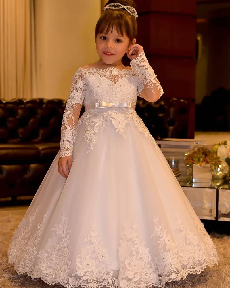 Flower Girl Dresses For Weddings Princess Lace Long Sleeve Backless Holy First Communion Gowns Party Pageant Dress Girls Gowns