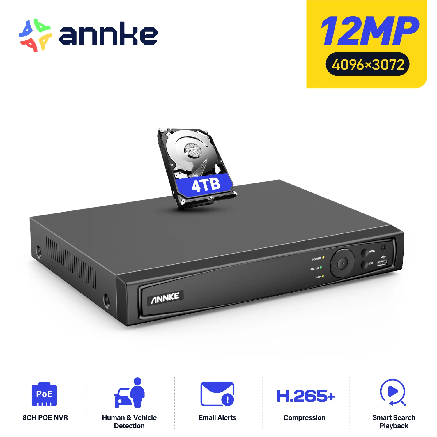 ANNKE-Grabadora de vídeo en red, dispositivo NVR POE de 8 canales y 8MP para cámara IP POE, función de nube P2P, Plug And Play