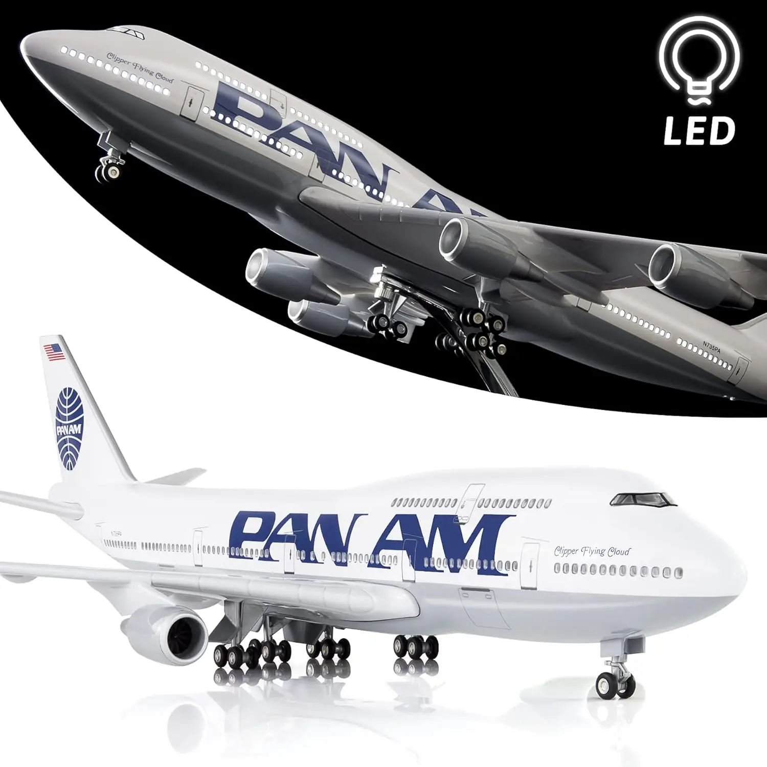 

1:150 Scale Large Model Airplane Pam an B747 Plane Models Diecast Airplanes with LED Light for Collection or Gift