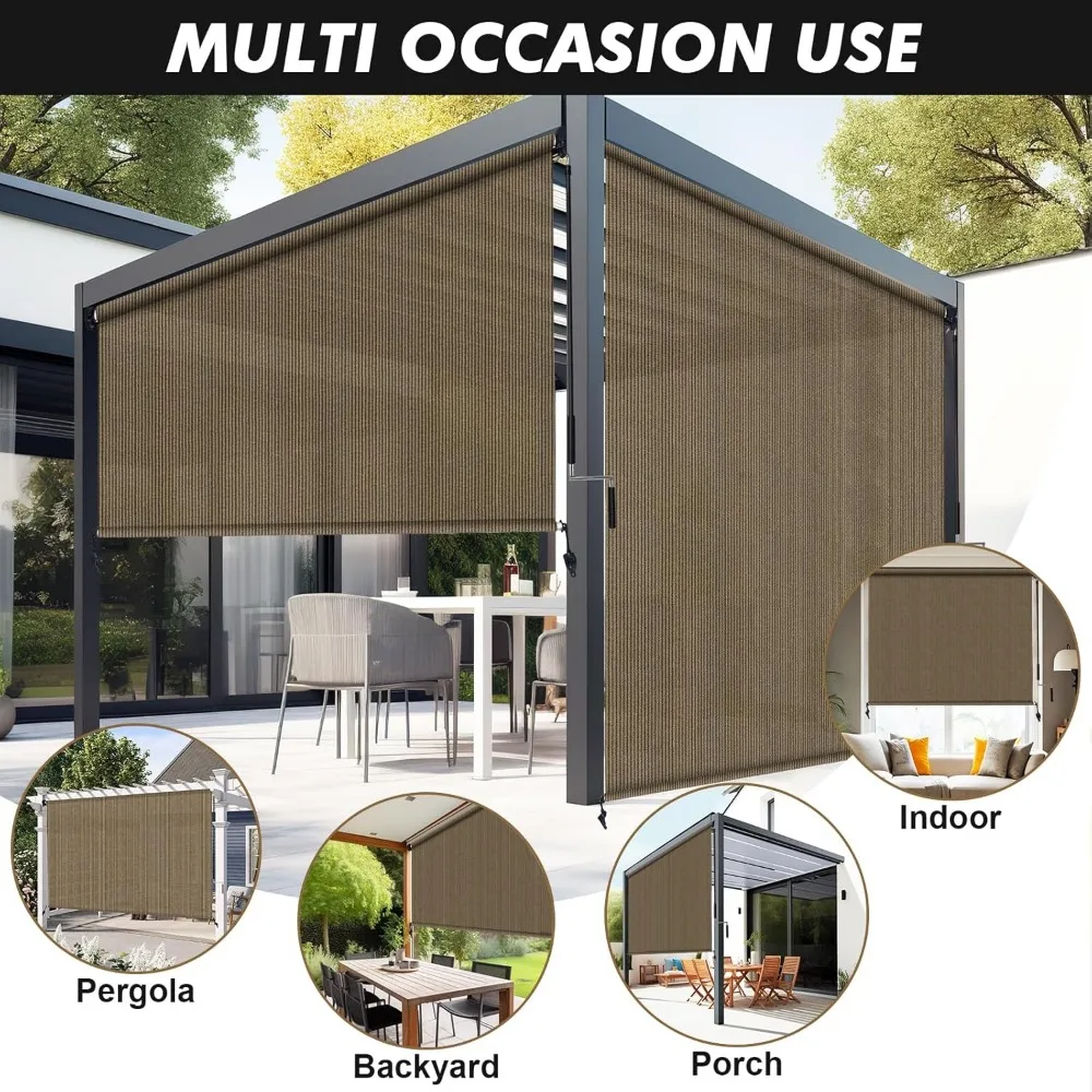 مظلة دوارة خارجية لاسلكية بعرض 7 أقدام وطول 8 أقدام، لمسة نهائية من خشب الجوز، تصميم عمود مقسم للفناء، ستائر قابلة للطي بطول #6