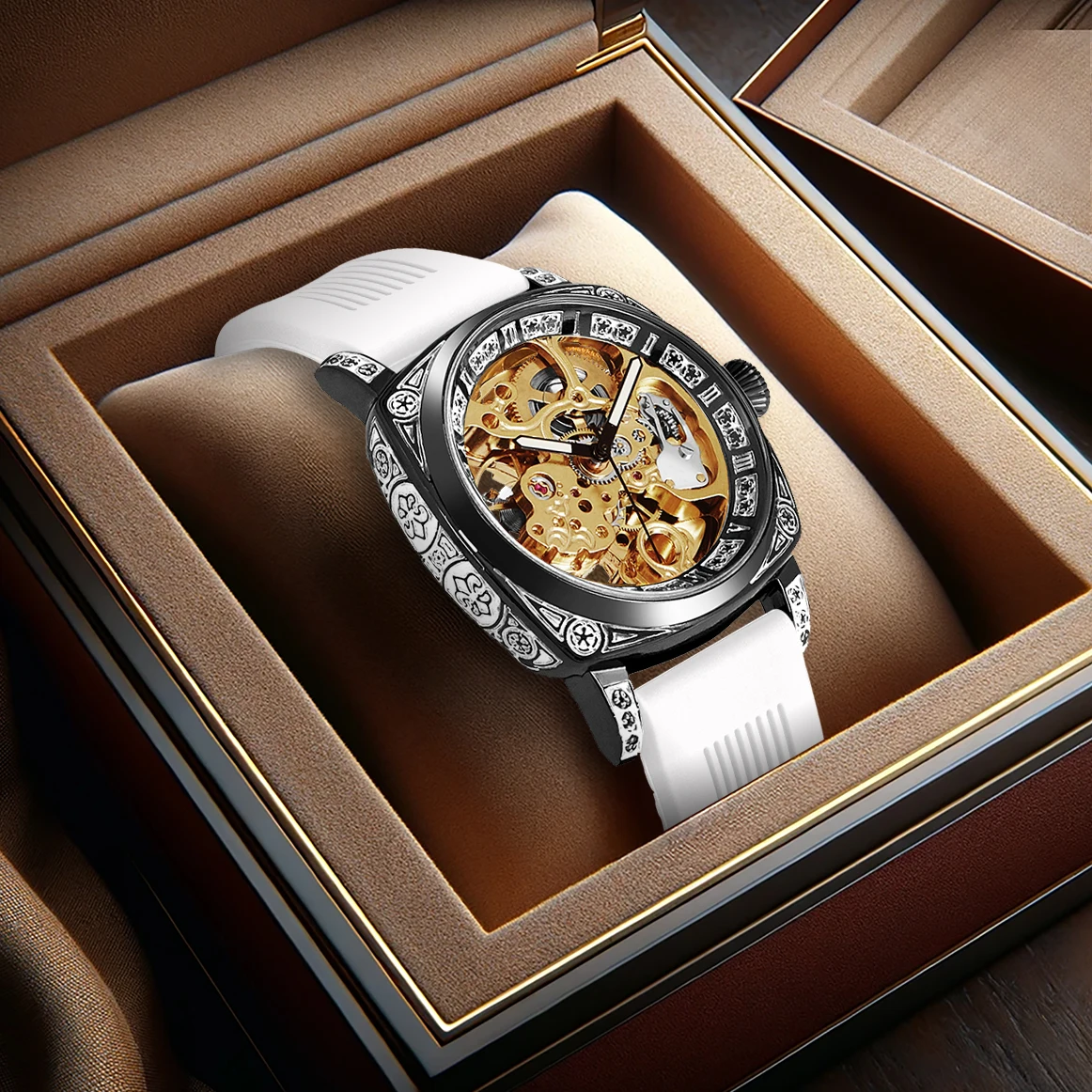 

Новые мужские золотые и белые клейкие ленты в спортивном стиле, красивые и модные механические часы с резным турбийоном и ночником