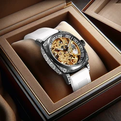 New men's gold and white adhesive tape sports style handsome and fashionable night light carved tourbillon mechanical watch