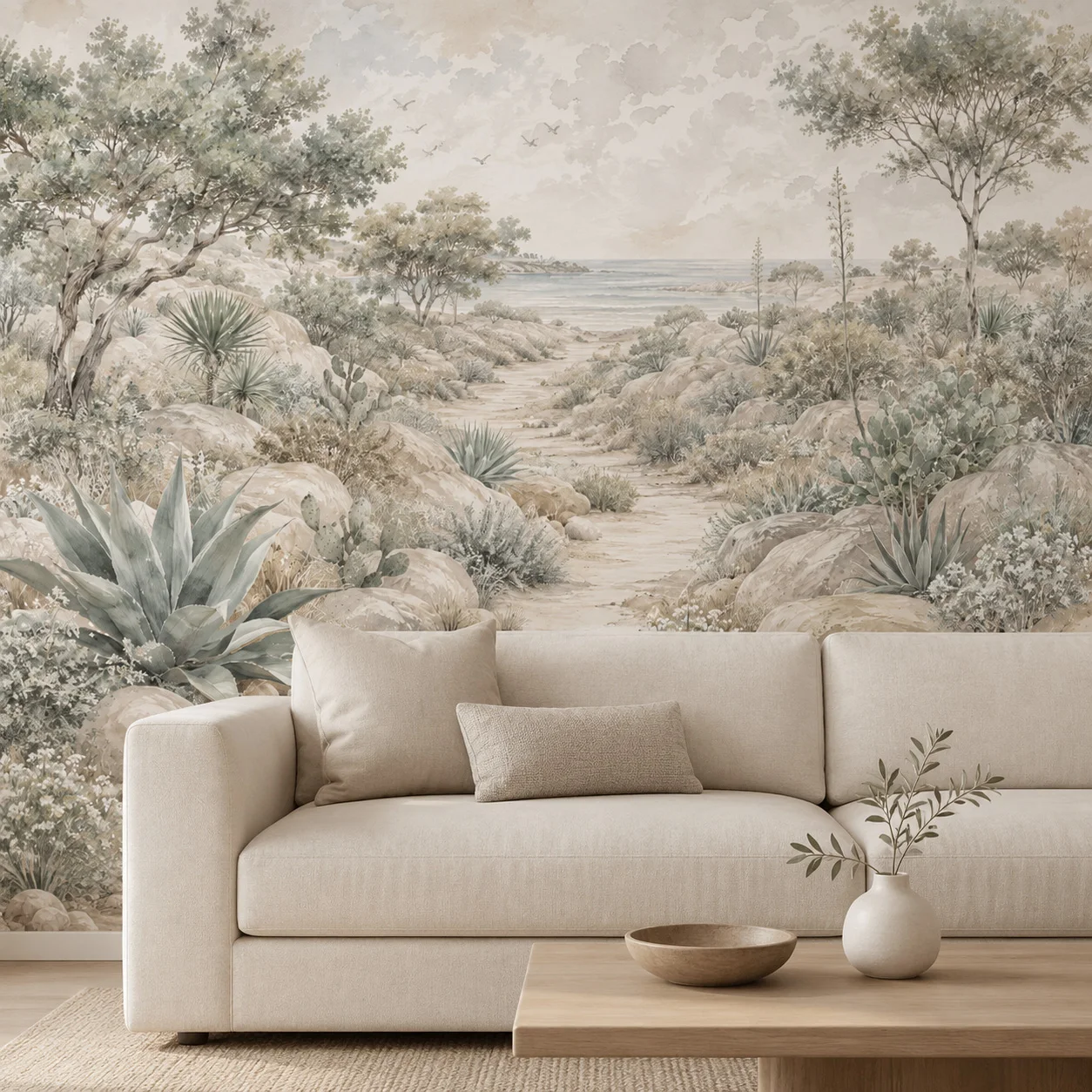 Large Vintage Coastal Desert Wall Mural Wallpaper Beige Agave Cactus Landscape Living Room Bedroom Paste Required