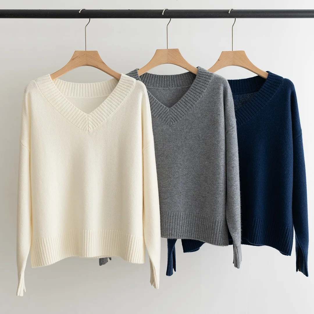 Autumn And Winter High Quality Cashmere Sweater V-Neck Loose Lazy Style Autumn And Winter Sweater Women