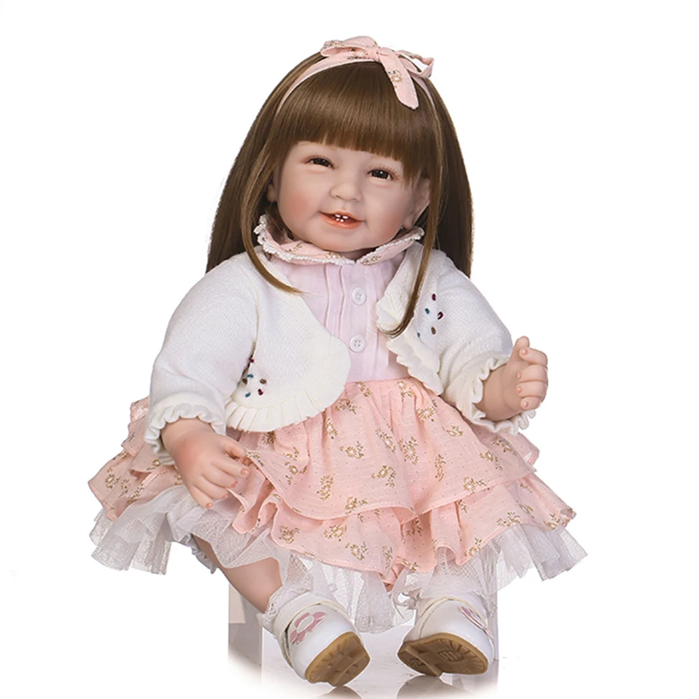 55CM Cloth Body Silicone Reborn Doll Baby Four Teeth Girl Toddler Lifelike Hand Made Play House Toys