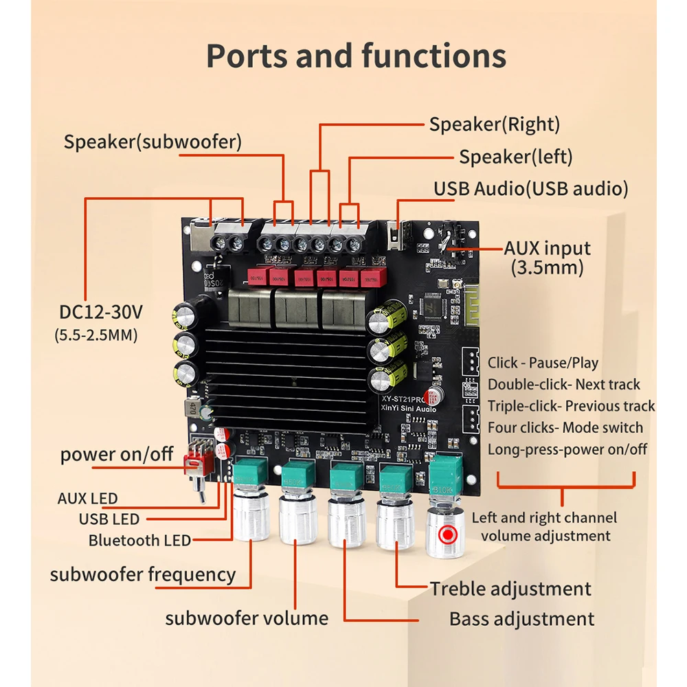 ST21PRO TPA3221 Bluetooth 5.0 2.1 Channel Power Audio Stereo Subwoofer Amplifier Board 100WX2+200W TREBLE Bass note tuning AMP