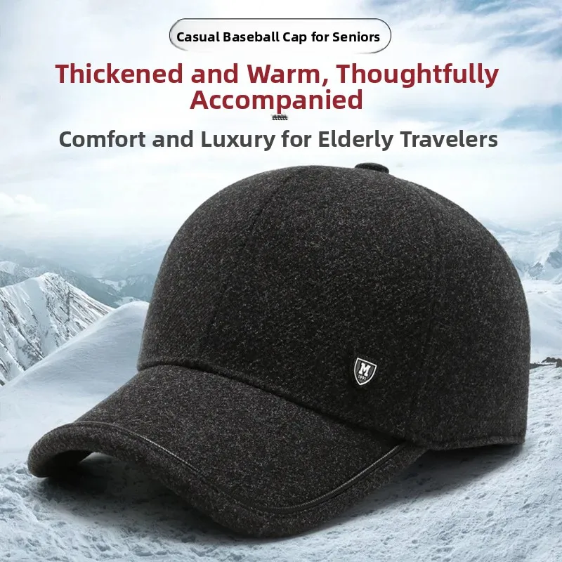 Thickened Woolen Baseball Cap for Middle-aged And Elderly Men Winter Fleece Lined Hat Wide Brim round Top Style Men's Cap