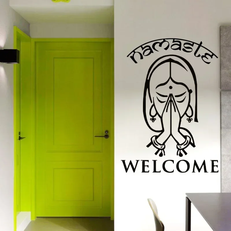 Home decor art mural, Namaste wall stickers from India, welcome message, detachable door, vinyl yoga style