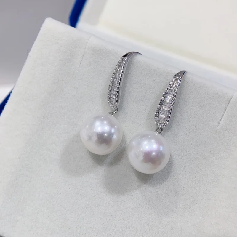 SGARIT Natural Fresh Water Round Strong Luster White Pearl Earrings S925 Sterling Silver Earrings Women's Exquisite Gift
