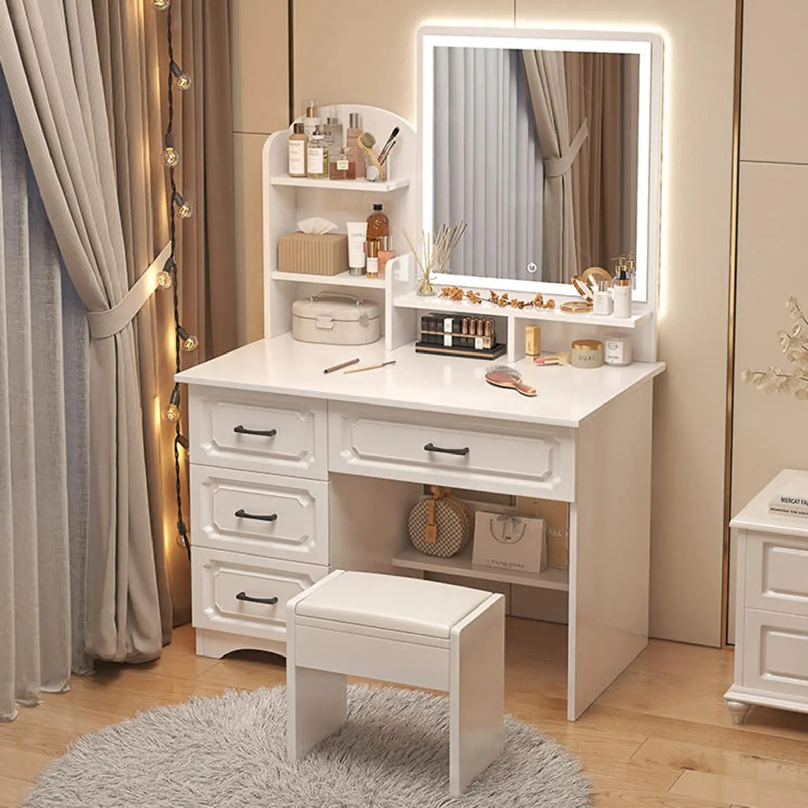 formodern wooden make up table with Drawers 3 Adjustable Brightness White Dressing Table Set with Stool for Bedroom