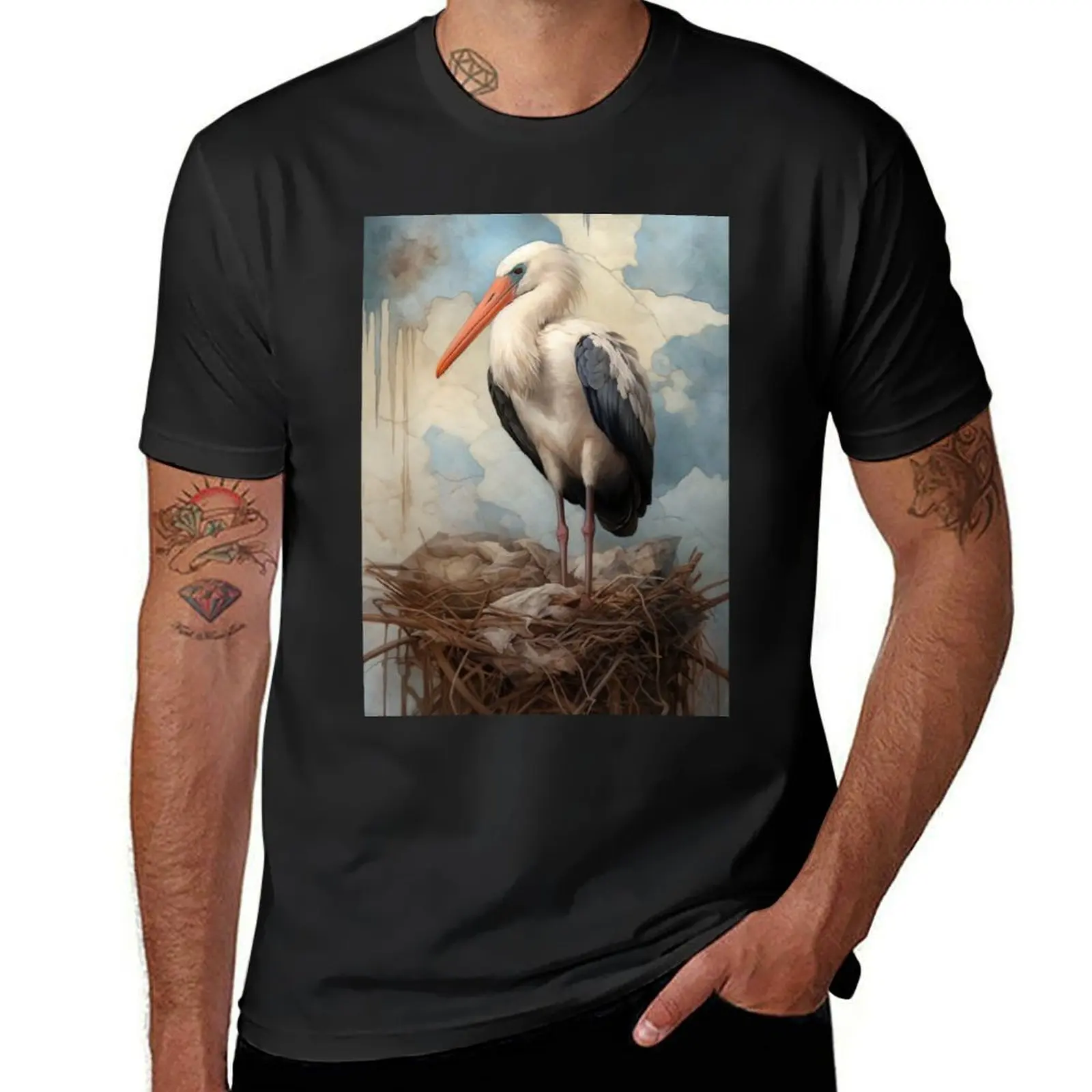 Stork Portrait I T-Shirt customizeds anime clothes oversized t shirt men