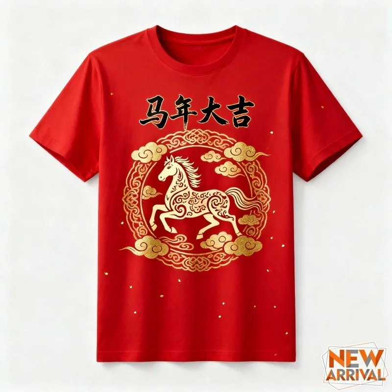 

Футболка с рисунком «Лошадь, благоприятные облака», для мужчин и женщин, китайский Новый год, футболка с 3D принтом, повседневные топы с круглым вырезом, футболки с короткими рукавами