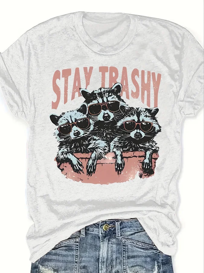Raccoon Print T-Shirt, Short Sleeve Crew Neck Casual Top for Summer And Spring, Women'S Clothing