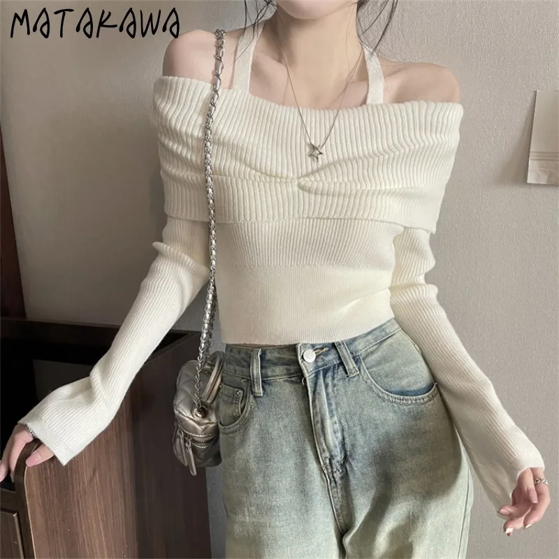 

Matakawa Autumn Winter Clothes Woman Sweaters Halter Slash Neck Solid Short Pullovers Korean Fashion Vintage Pulls Femmes