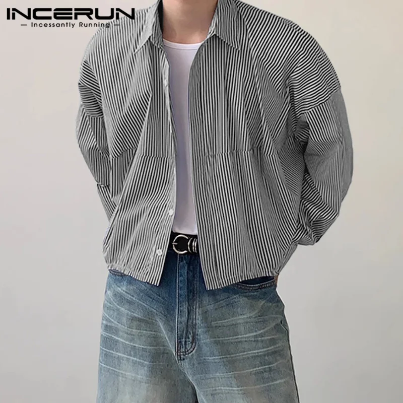 INCERUN Men Striped Shirt Lapel Long Sleeve Loose Korean Style Men Clothing Streetwear 2024 Fashion Casual Male Shirts S-5XL