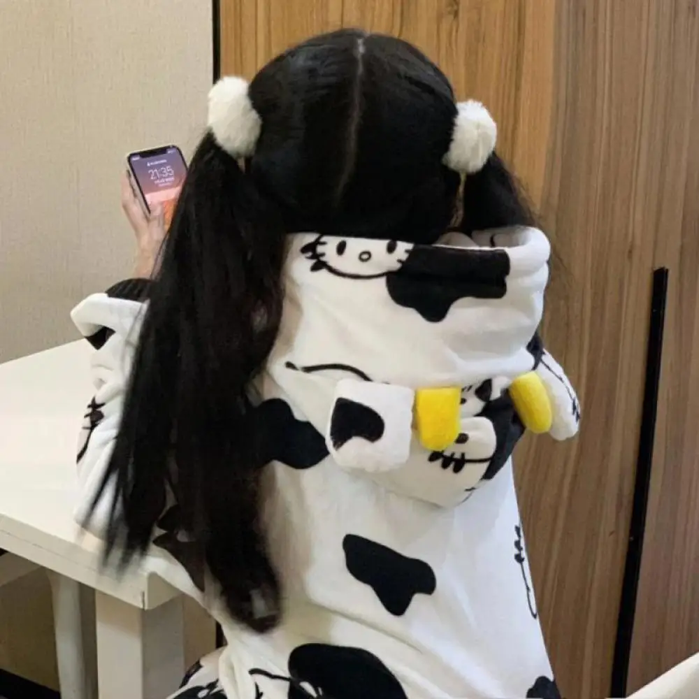 

Cartoon Kawaii Hello Kitty Women Plush Sleeping Gown Nightgown Dress Sanrio Winter Hooded Home Clothes Cute Girl Thicken Dress