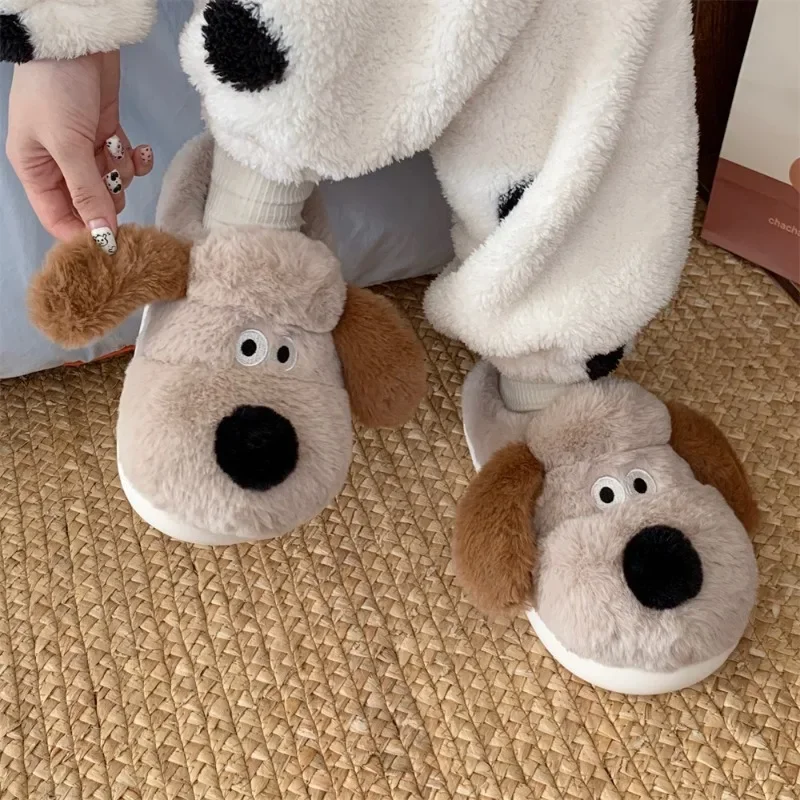Fall and winter cute cotton slippers indoor home warm bedroom soft bottom new dog plush head cotton slippers couple parent-child