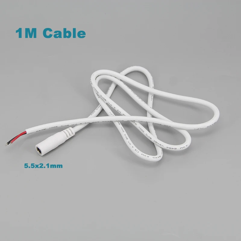 DC Female Power Supply extension Cable 5.5x2.1mm Connector Copper Wire For CCTV Camera white 100cm 18awg 7A Current J17