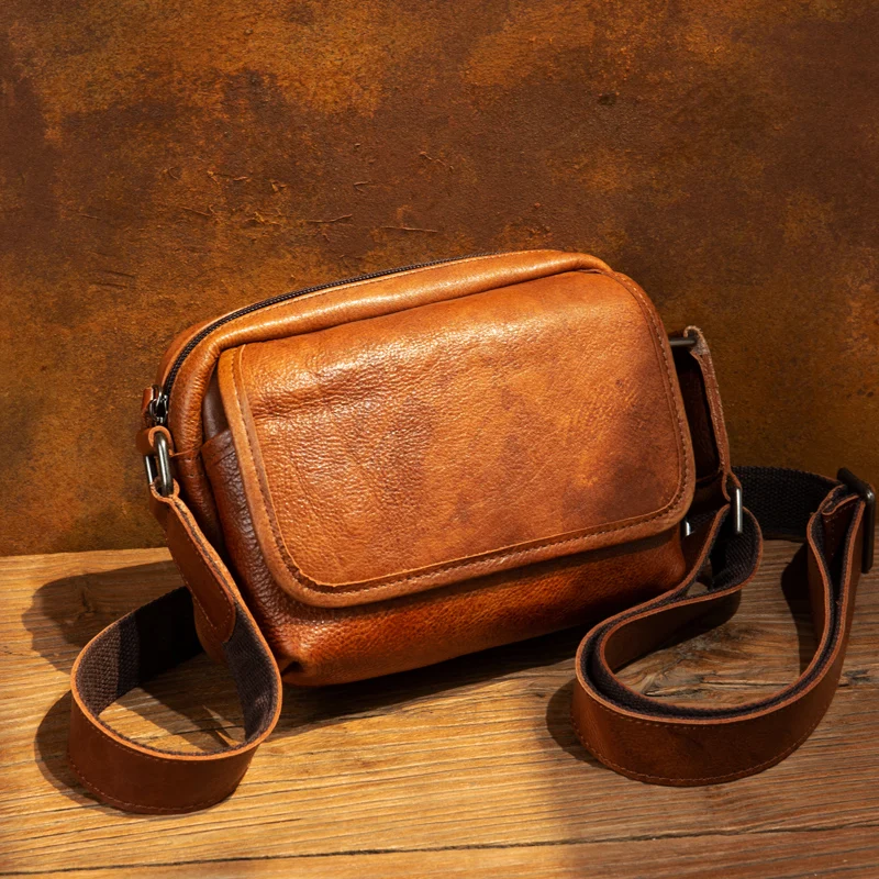 Retro leather messenger bag vegetable tanned leather men's baotou leather shoulder bag commuter bag leisure messenger bag